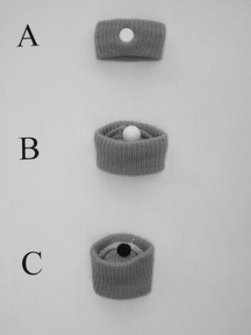 "Armbåndene som ble brukt i studien. A = akupressurarmbåndet fra utsiden. B = innsiden av akupressurarmbåndet der knappen som øver trykk er synlig. C = Innsiden av 'narre-armbåndet' der innsiden er forsynt med en myk filtpute." "Armbåndene som ble brukt i studien. A = akupressurarmbåndet fra utsiden. B = innsiden av akupressurarmbåndet der knappen som øver trykk er synlig. C = Innsiden av 'narre-armbåndet' der innsiden er forsynt med en myk filtpute."