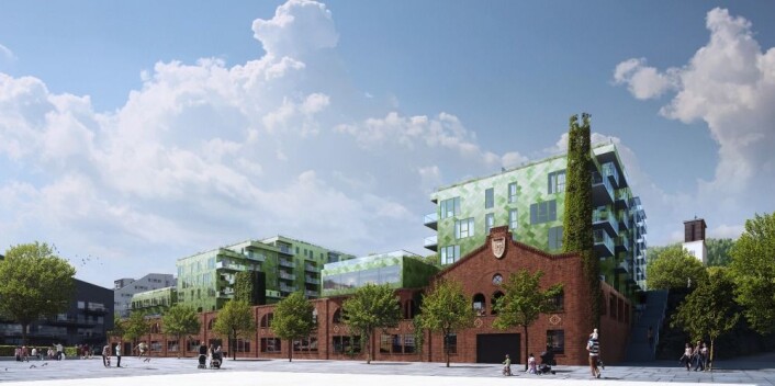 Bildet viser hvordan arkitektene har planlagt bruk av industribygningen som ligger inntil ‘ Fløttmannsplassen’. Anleggsarbeidet var i full gang høsten 2017. Illustrasjon: TAG Arkitekter Bildet viser hvordan arkitektene har planlagt bruk av industribygningen som ligger inntil ‘ Fløttmannsplassen’. Anleggsarbeidet var i full gang høsten 2017. Illustrasjon: TAG Arkitekter