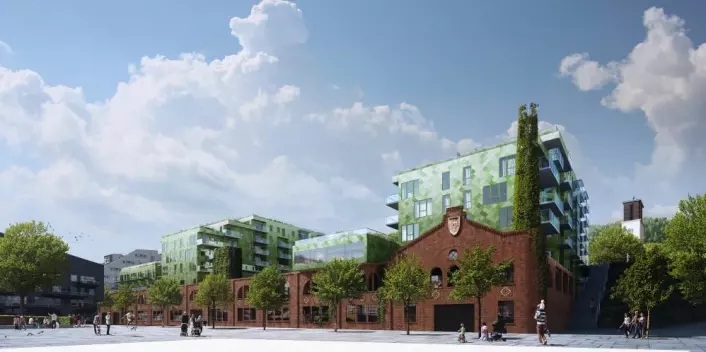 Bildet viser hvordan arkitektene har planlagt bruk av industribygningen som ligger inntil ‘ Fløttmannsplassen’. Anleggsarbeidet var i full gang høsten 2017. Illustrasjon: TAG Arkitekter