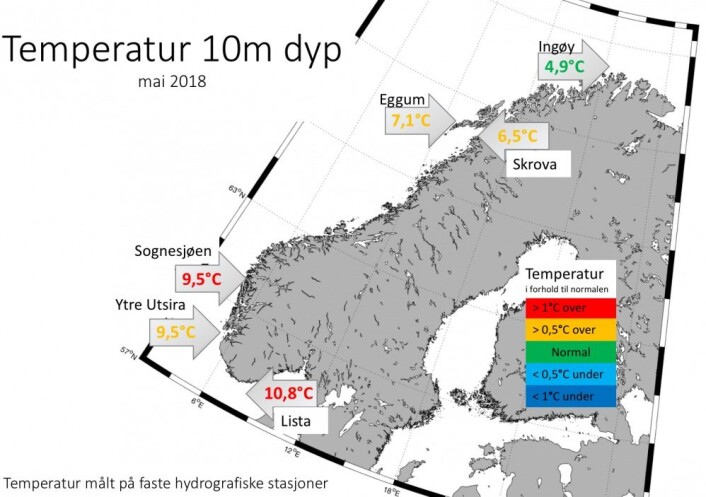 Temperatur målt på 10m dyp i mai 2018. Fargen viser om målingen er høyere (rød/gul), lavere (blå) eller som normalt (grønn). Foto: Mari S. Myksvoll, Havforskningsinstituttet Temperatur målt på 10m dyp i mai 2018. Fargen viser om målingen er høyere (rød/gul), lavere (blå) eller som normalt (grønn). Foto: Mari S. Myksvoll, Havforskningsinstituttet