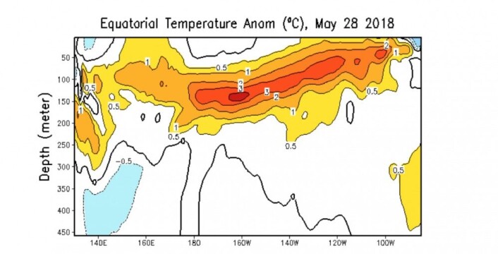 Mye varmt vann under overflaten i Stillehavets ekvatorbelte nå ved månedsskiftet. Er det en plan for å starte en El Ninjo? (Bilde: NOAA) Mye varmt vann under overflaten i Stillehavets ekvatorbelte nå ved månedsskiftet. Er det en plan for å starte en El Ninjo? (Bilde: NOAA)