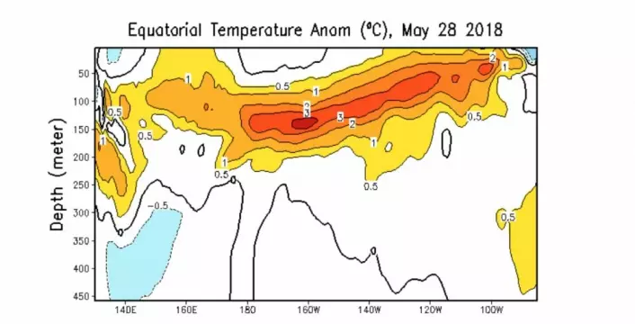 Mye varmt vann under overflaten i Stillehavets ekvatorbelte nå ved månedsskiftet. Er det en plan for å starte en El Ninjo? (Bilde: NOAA)