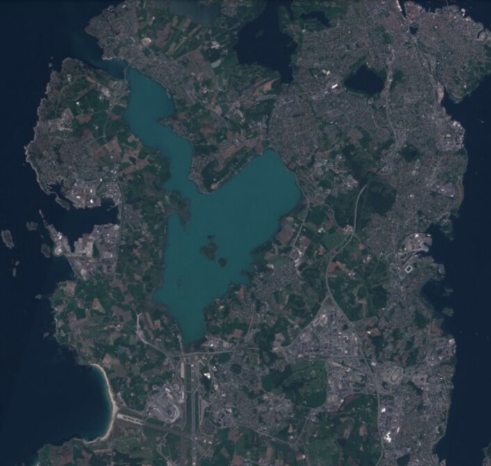 Det "blomstrer" i Hafrsfjord nå, her sett fra Sentinel-2 lørdag 26 mai. (Bilde: Copernicus Sentinel-2 data 2018) Det "blomstrer" i Hafrsfjord nå, her sett fra Sentinel-2 lørdag 26 mai. (Bilde: Copernicus Sentinel-2 data 2018)