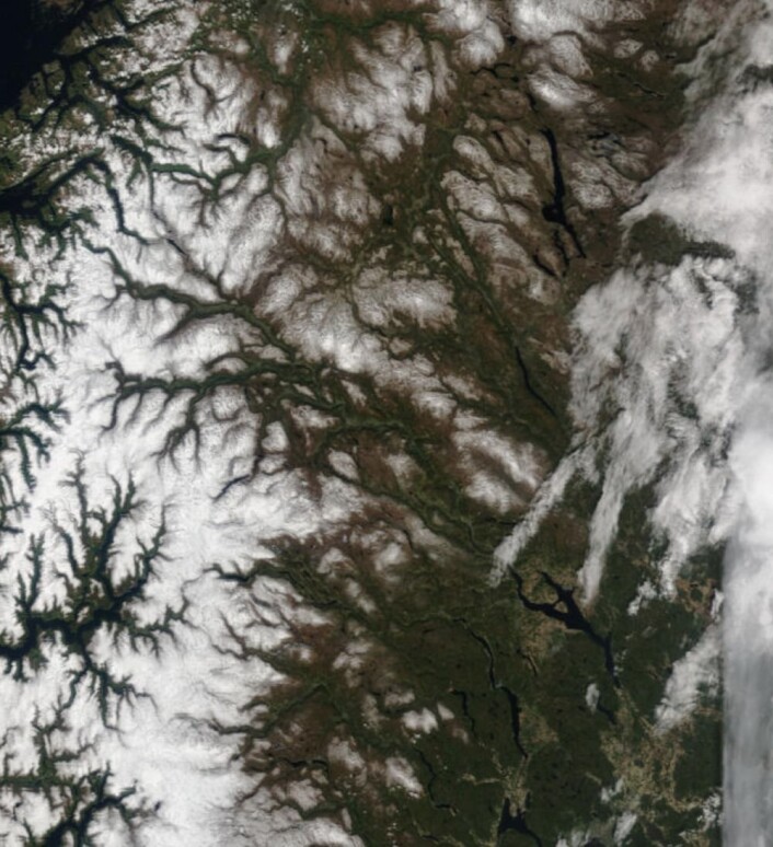 Dette må man vel kalle "godkjent 17.mai-vær"? Og fortsatt mye snø i høyfjellet. (Bilde: NASA Terra MODIS) Dette må man vel kalle "godkjent 17.mai-vær"? Og fortsatt mye snø i høyfjellet. (Bilde: NASA Terra MODIS)