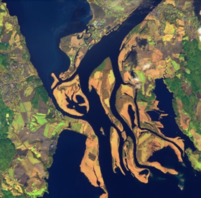 Nordre Øyeren sett fra Sentinel-2 den 30. april i år. (Bilde: Copernicus Sentinel-2 data 2018) Nordre Øyeren sett fra Sentinel-2 den 30. april i år. (Bilde: Copernicus Sentinel-2 data 2018)