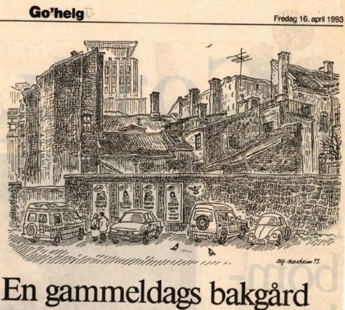 Tegning av Alf Næsheim med tittelen En gammeldags bakgård. (Faksimile fra Aftenposten, 16.april 1993) Tegning av Alf Næsheim med tittelen En gammeldags bakgård. (Faksimile fra Aftenposten, 16.april 1993)