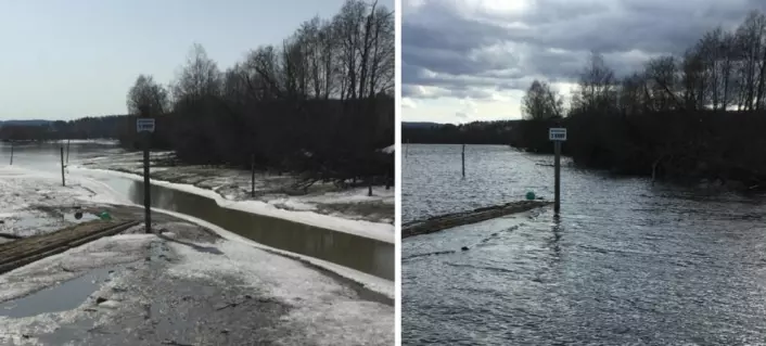 Glomma ved Fetsund 14. april (venstre) og 4. mai (høyre). (Bilder: T. Wahl)