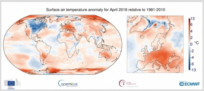 April var kald i Nord-Amerika og varm i Europa, mens La Nina sang på siste verset. (Bilde: Copernicus C3S / ECMWF) April var kald i Nord-Amerika og varm i Europa, mens La Nina sang på siste verset. (Bilde: Copernicus C3S / ECMWF)