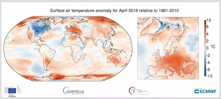 April var kald i Nord-Amerika og varm i Europa, mens La Nina sang på siste verset. (Bilde: Copernicus C3S / ECMWF)