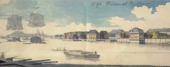 Bordpram sees i forkant av utsnittet fra Edys skisse av Bjørvika ca 1800 (Eier: Nasjonalmuseet)