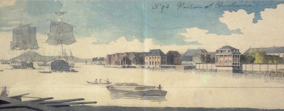 Bordpram sees i forkant av utsnittet fra Edys skisse av Bjørvika ca 1800 (Eier: Nasjonalmuseet)