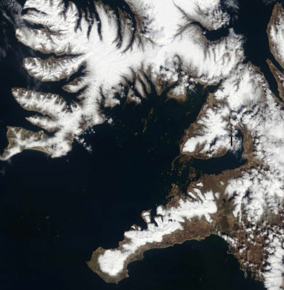 Våren kommer på Island, også. Her sett fra NASAs satellitt Terra lørdag 28 april. (Bilde: NASA Terra MODIS)