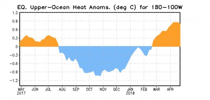 Kelvinbølger kommer og kelvinbølger går i Stillehavet. Denne er i ferd med å passere toppen. (Bilde: NOAA) Kelvinbølger kommer og kelvinbølger går i Stillehavet. Denne er i ferd med å passere toppen. (Bilde: NOAA)