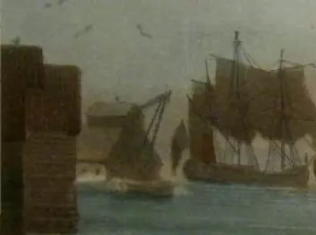 På utsnittet av J.W. Edys bilde ser det ut til at et skip er i ferd med å løftes. (Av J.W. Edy. Eier: Oslo museum)