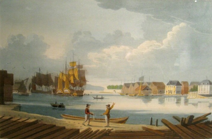 Skipskrana sees til venstre i bildet av Oslo havn fra ca 1800. (Av J.W. Edy. Eier: Oslo museum) Skipskrana sees til venstre i bildet av Oslo havn fra ca 1800. (Av J.W. Edy. Eier: Oslo museum)