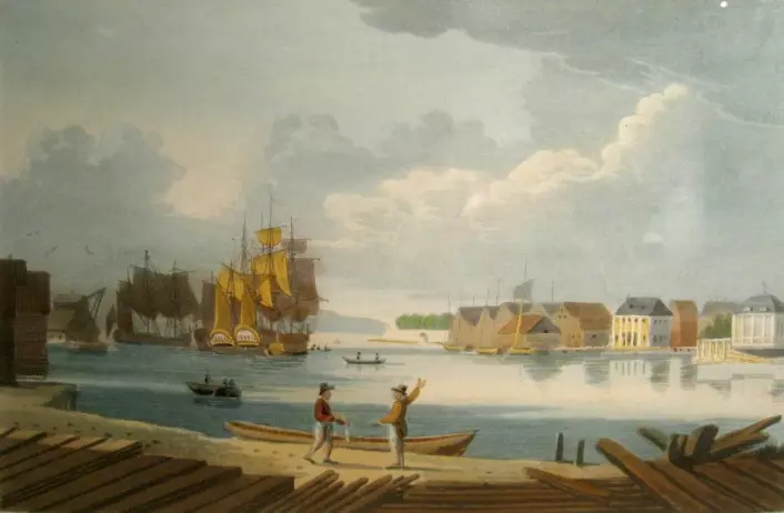 Skipskrana sees til venstre i bildet av Oslo havn fra ca 1800. (Av J.W. Edy. Eier: Oslo museum)