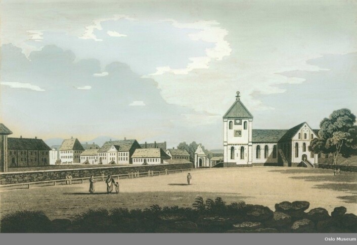 Christiania domkirke ca 1800 av John William Edy (Eier: Oslo museum) Christiania domkirke ca 1800 av John William Edy (Eier: Oslo museum)