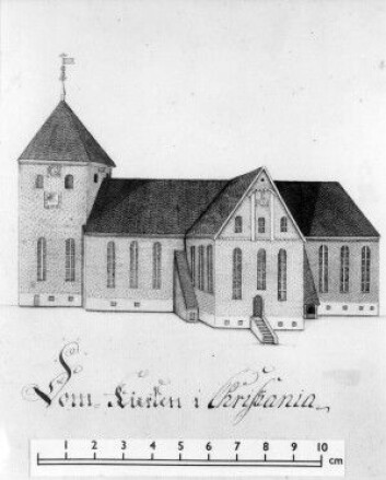 Oslo domkirke tegnet av Gerhard Schøning i 1775. (Eier: Norsk folkemuseum) Oslo domkirke tegnet av Gerhard Schøning i 1775. (Eier: Norsk folkemuseum)