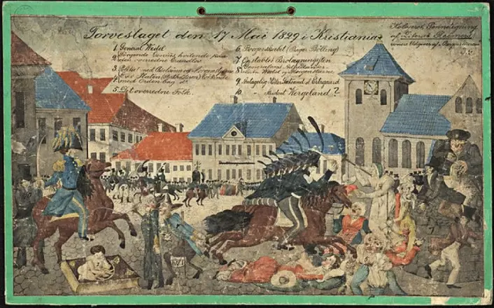 Torvslaget den 17. mai 1829 i Kristiania. av Hans Reimer. (Eier: Nasjonalbiblioteket)