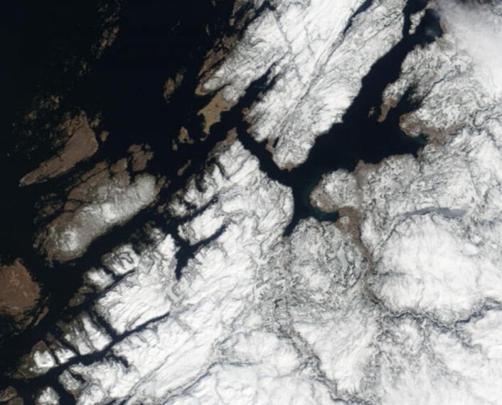 Litt barmark å se noen steder i Trøndelag fredag 13. april. (Bilde: NASA Terra MODIS) Litt barmark å se noen steder i Trøndelag fredag 13. april. (Bilde: NASA Terra MODIS)