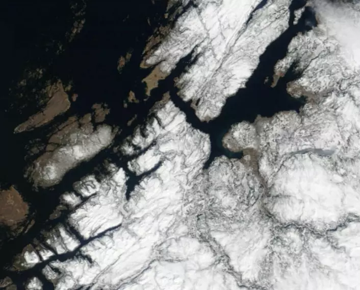 Litt barmark å se noen steder i Trøndelag fredag 13. april. (Bilde: NASA Terra MODIS)