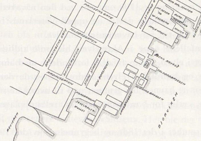 Utsnitt av skisse av Hirsch sitt kart fra 1798. Fra: Kjelstrups Oslo havns historie (se litteraturliste) Utsnitt av skisse av Hirsch sitt kart fra 1798. Fra: Kjelstrups Oslo havns historie (se litteraturliste)