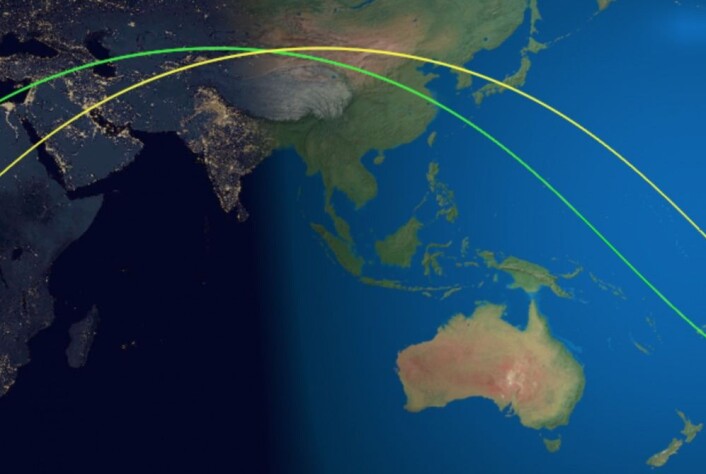 Den gule kurven viser det siste omløpet for Tiangong-1. Den kinesiske romstasjonen falt ned litt til høyre for der bildet slutter. (Bilde: Aerospace Corp.) Den gule kurven viser det siste omløpet for Tiangong-1. Den kinesiske romstasjonen falt ned litt til høyre for der bildet slutter. (Bilde: Aerospace Corp.)