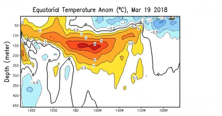 Et stort varmeanomali (rødt) flytter seg nå langsomt østover i Stillehavet. (Bilde: NOAA) Et stort varmeanomali (rødt) flytter seg nå langsomt østover i Stillehavet. (Bilde: NOAA)
