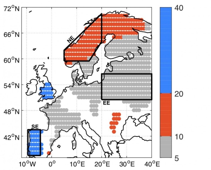 Her ser man de dominerende tidsskalaene (år) i Europa for lufttemperaturen ved overflaten i den kalde årstiden. (Fra Årthun et al, Geophysical Research Letters, mars 2018). Her ser man de dominerende tidsskalaene (år) i Europa for lufttemperaturen ved overflaten i den kalde årstiden. (Fra Årthun et al, Geophysical Research Letters, mars 2018).