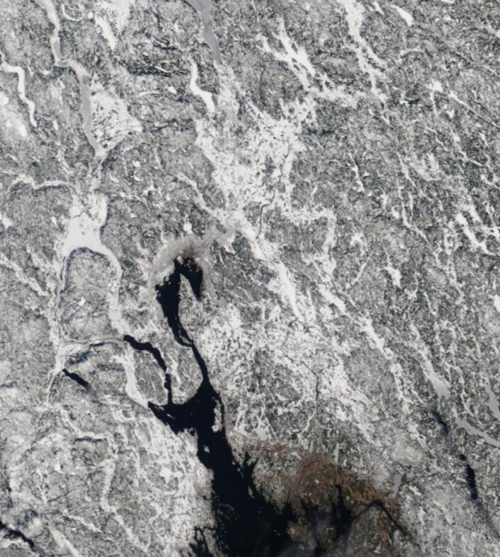 Snøen var allerede forsvunnet lengst sør i Østfold på langfredagen. (Bilde: NASA Terra MODIS) Snøen var allerede forsvunnet lengst sør i Østfold på langfredagen. (Bilde: NASA Terra MODIS)