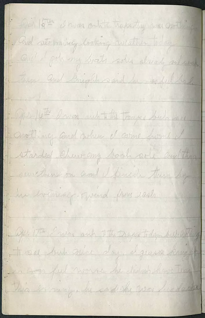Med blyant på skriveblokk skrev Blackjack dagboka fra Vrangeløya. Her er utdragene for 15.–17. april 1923. (Kilde: Courtesy of Dartmouth College Library)