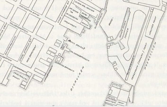 Kartutsnittet er hentet fra Y. Kjelstrups bok ”Oslo havns historie” s. 39, men baserer seg på et kartutsnitt av Patroclus Hirsch fra 1794 som er tilgjengelig på Oslo byarkiv Kjelstrup Kartutsnittet er hentet fra Y. Kjelstrups bok ”Oslo havns historie” s. 39, men baserer seg på et kartutsnitt av Patroclus Hirsch fra 1794 som er tilgjengelig på Oslo byarkiv Kjelstrup