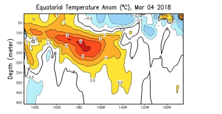 Temperatur-anomali under ekvatorbeltet i Stillehavet. Vil dette store varme-anomaliet klare å "rulle" hele veien til kysten av Sør-Amerika og starte en El Ninjo? (Bilde: NOAA) Temperatur-anomali under ekvatorbeltet i Stillehavet. Vil dette store varme-anomaliet klare å "rulle" hele veien til kysten av Sør-Amerika og starte en El Ninjo? (Bilde: NOAA)