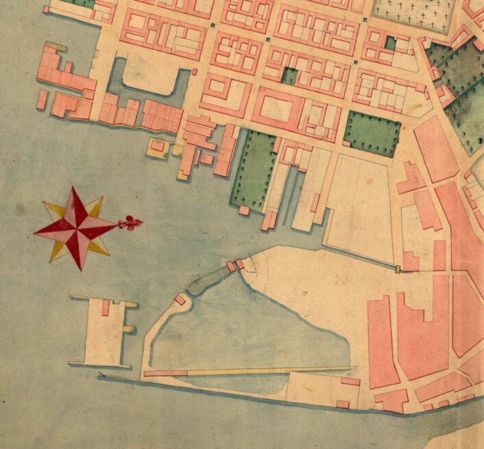 Utsnittet av kart fra Amtskartssamlingen, Kristiania amt nr. 22. Hos kartverket er dette datert 1774, men Oslohistoriker Lars Rode mener rett år trolig er tidig på 1790-tallet. Kartet vise tydelig bassenget der Børshaven i dag ligger og kanalen inn til det. Kartverket Utsnittet av kart fra Amtskartssamlingen, Kristiania amt nr. 22. Hos kartverket er dette datert 1774, men Oslohistoriker Lars Rode mener rett år trolig er tidig på 1790-tallet. Kartet vise tydelig bassenget der Børshaven i dag ligger og kanalen inn til det. Kartverket