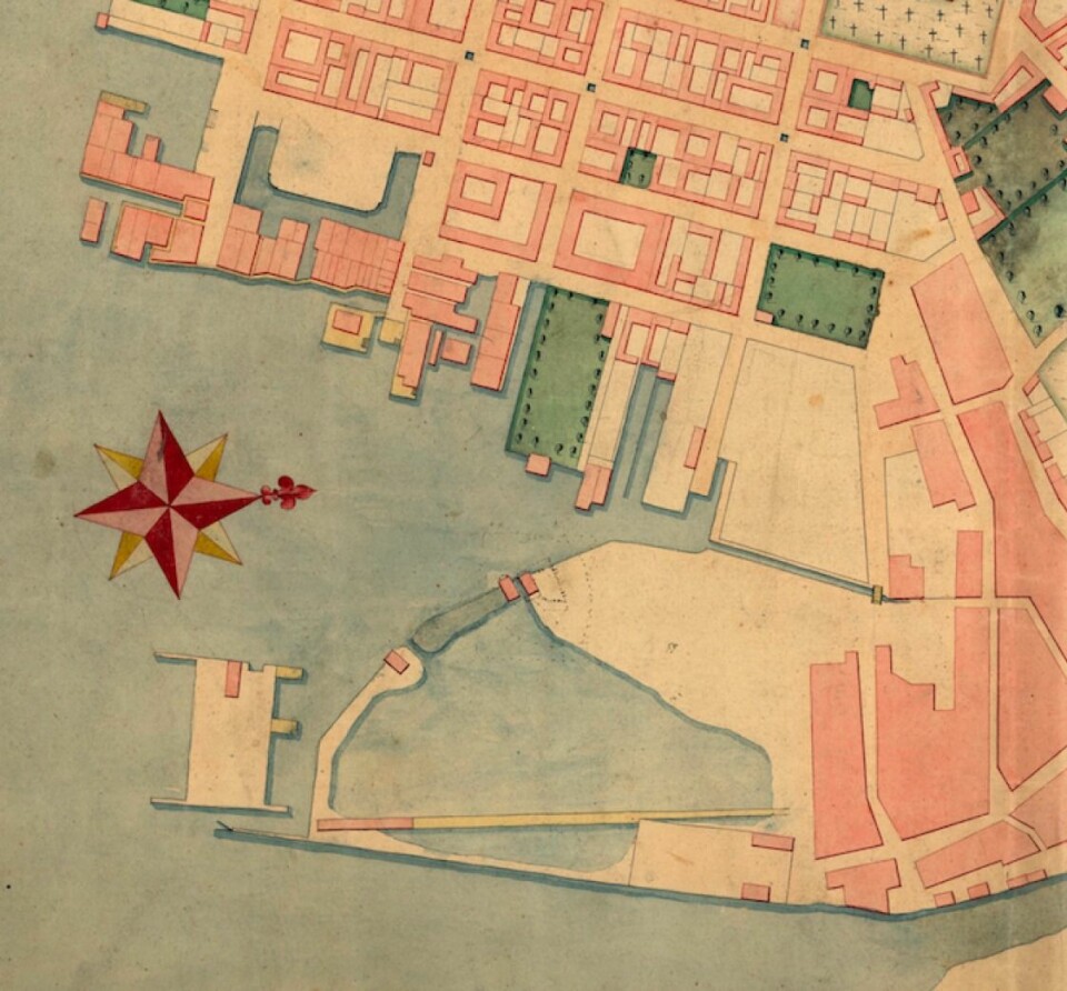 Utsnittet av kart fra Amtskartssamlingen, Kristiania amt nr. 22. Hos kartverket er dette datert 1774, men Oslohistoriker Lars Rode mener rett år trolig er tidig på 1790-tallet. Kartet vise tydelig bassenget der Børshaven i dag ligger og kanalen inn til det. Kartverket