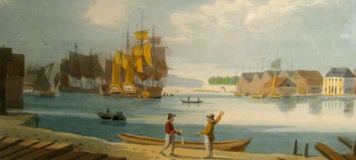 Utsnitt av J.W. Edys ”skisse av Christiania havn” fra omtrent 1800. På denne tiden lå store skipene fortøyd ute i havnen. J.W. Edy Utsnitt av J.W. Edys ”skisse av Christiania havn” fra omtrent 1800. På denne tiden lå store skipene fortøyd ute i havnen. J.W. Edy
