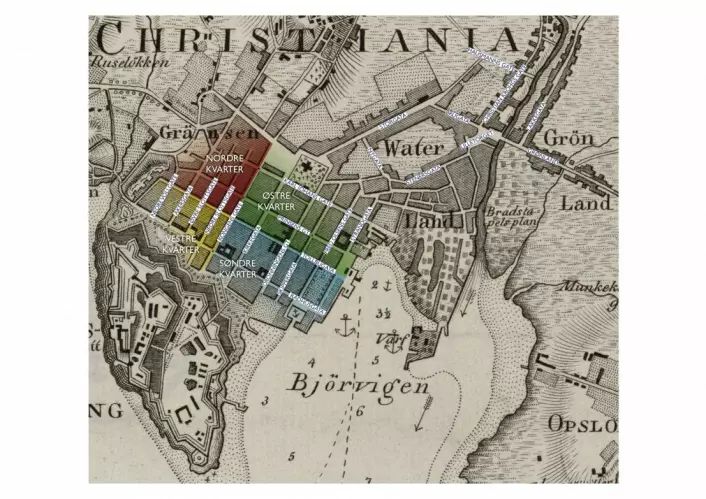 Christiania 1:20000, bikart til Kart over Agershuus Amt, Ramm og Munthe, 1827. (Kvartalene i kvadraturen merket med farver)