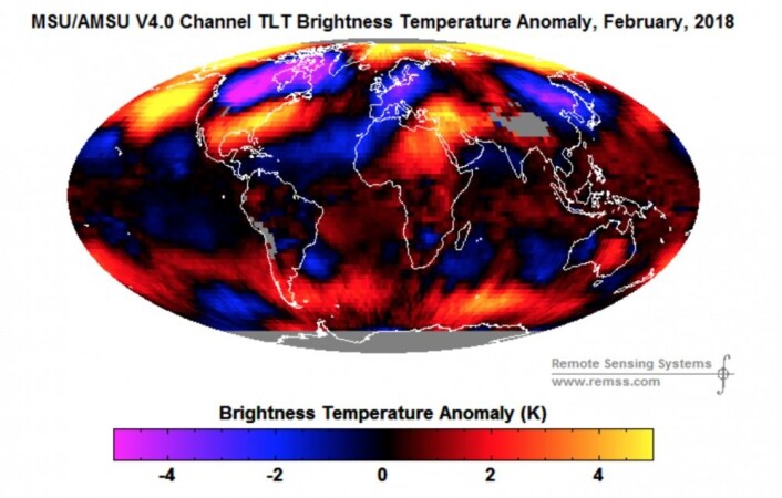 Satellittmålt februar-temperaturanomali i nedre troposfære var det syvende varmeste som er registrert, i følge RSS. Her ser vi temperaturfordelingen. (Bilde: RSS) Satellittmålt februar-temperaturanomali i nedre troposfære var det syvende varmeste som er registrert, i følge RSS. Her ser vi temperaturfordelingen. (Bilde: RSS)