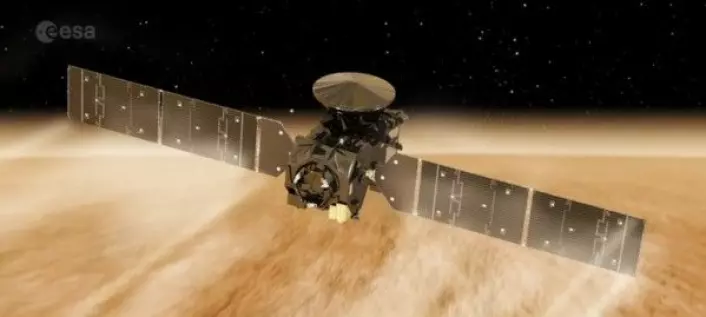 Exomars Trace Gas Orbiter skal lete etter metan, vann, is og liv på Mars. Her bremser den seg selv opp i atmosfæren. ESA