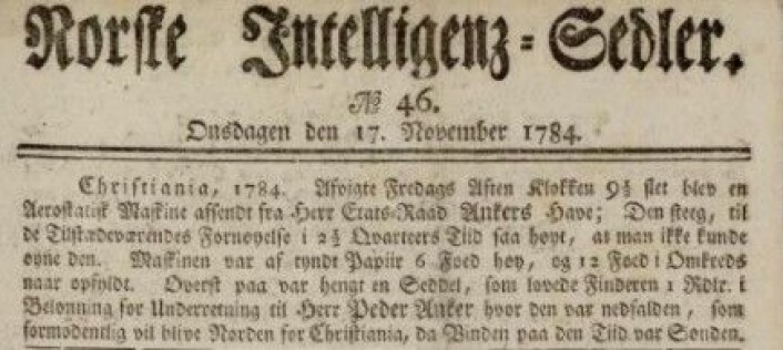 Referat fra luftballongoppsending. Norske Inteligenssedler 17.11.1784 Referat fra luftballongoppsending. Norske Inteligenssedler 17.11.1784