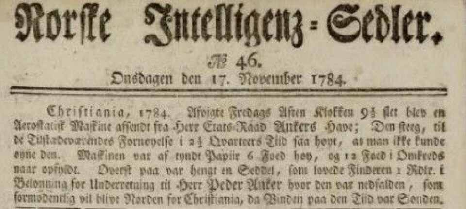 Referat fra luftballongoppsending. Norske Inteligenssedler 17.11.1784
