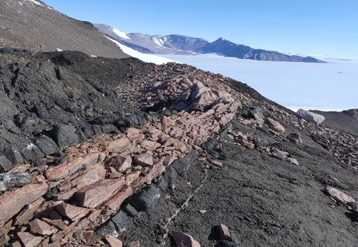 Et rødt granittlag kutter gjennom svart gabbro. (Foto: Ane K. Engvik) Et rødt granittlag kutter gjennom svart gabbro. (Foto: Ane K. Engvik)