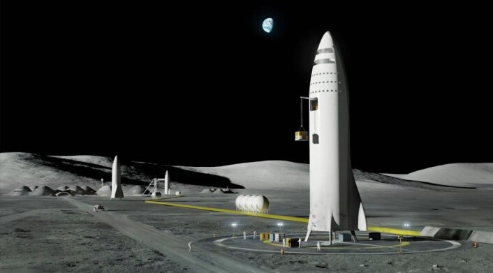 Den vellykkede oppskytningen av Falcon Heavy 6. februar har, ifølge Elon Musk, økt troen på SpaceXs planer om den virkelig store BFR, her illustrert på Månens overflate. (Illustrasjon: SpaceX, fra video av presentasjon på den internasjonale romkongressen i Australia i 2017.) Den vellykkede oppskytningen av Falcon Heavy 6. februar har, ifølge Elon Musk, økt troen på SpaceXs planer om den virkelig store BFR, her illustrert på Månens overflate. (Illustrasjon: SpaceX, fra video av presentasjon på den internasjonale romkongressen i Australia i 2017.)