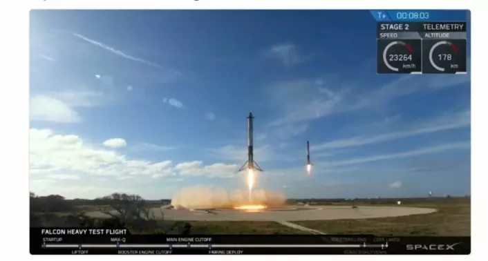 Et ikonisk bilde for rakettfolket: De to startrakettene fra Falcon Heavy vender tilbake til Florida og melder seg klar for ny innsats. (Bilde fra SpaceX sin twitter-konto).