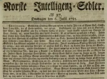 Avisartikkel om brannen på bryggen i Christiania i 1785 Norske Inteligenssedler 6.6.1785