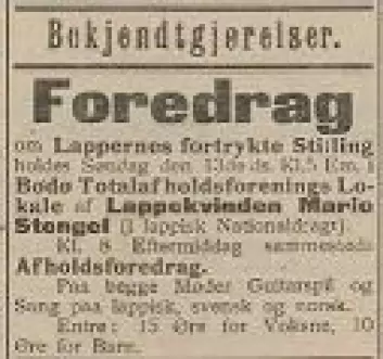 Nordlandsposten 12. april 1902. Marie Stengel skal holde møte i Bodø. Fire år før hadde hun reist i Troms og Finnmark. Bilde: Beskåret skjermdump fra Nasjonalbiblioteket