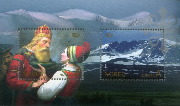Frimerkemotiv basert på et maleri fra kongsgården på Dovre. Samekvinnen Snøfrid fortryller kong Harald Hårfagre på Dovre. Bak Harald står Snøfrids far, kong Svåse, som arrangerte møtet. Foto: © Posten Norge Frimerkemotiv basert på et maleri fra kongsgården på Dovre. Samekvinnen Snøfrid fortryller kong Harald Hårfagre på Dovre. Bak Harald står Snøfrids far, kong Svåse, som arrangerte møtet. Foto: © Posten Norge