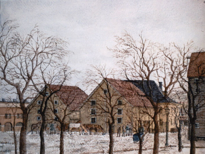 Sjøboder ved lille strandgate (Tollboden til venstre). Maler: H. I._Helliesen. eier: Oslo museum Maler: H. I._Helliesen. eier: Oslo museum Sjøboder ved lille strandgate (Tollboden til venstre). Maler: H. I._Helliesen. eier: Oslo museum Maler: H. I._Helliesen. eier: Oslo museum