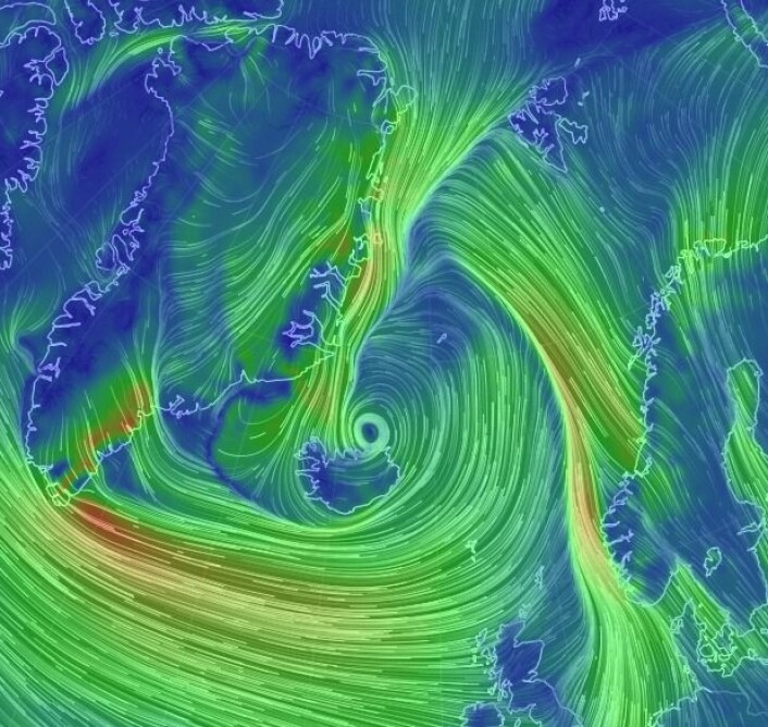 Vindkartet 15 januar i år. (Skjermdump fra EarthWindMap) Vindkartet 15 januar i år. (Skjermdump fra EarthWindMap)