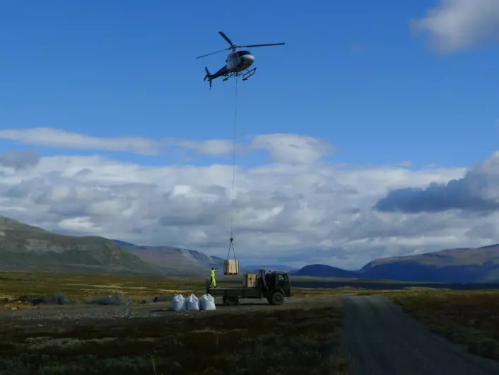 Vierplanter og jord ble løftet ut med helikopter for å få dem raskt fram til plantestedet. (Foto: Dagmar Hagen)